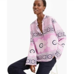 Point Sur Silk Floral Mandala Print Long Sleeve Half Button Up Popover Blouse